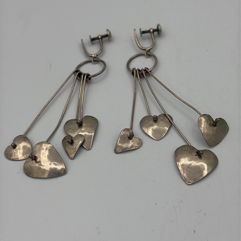 Vintage Modernist Sterling Silver Screw Back Dangle Earrings